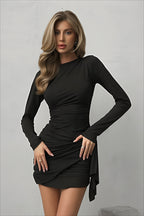Round Neck Long Sleeve Side Tie Ruched Mini Dress