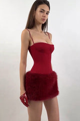 Fur Trim Strapless Bodycon Mini Birthday Dress