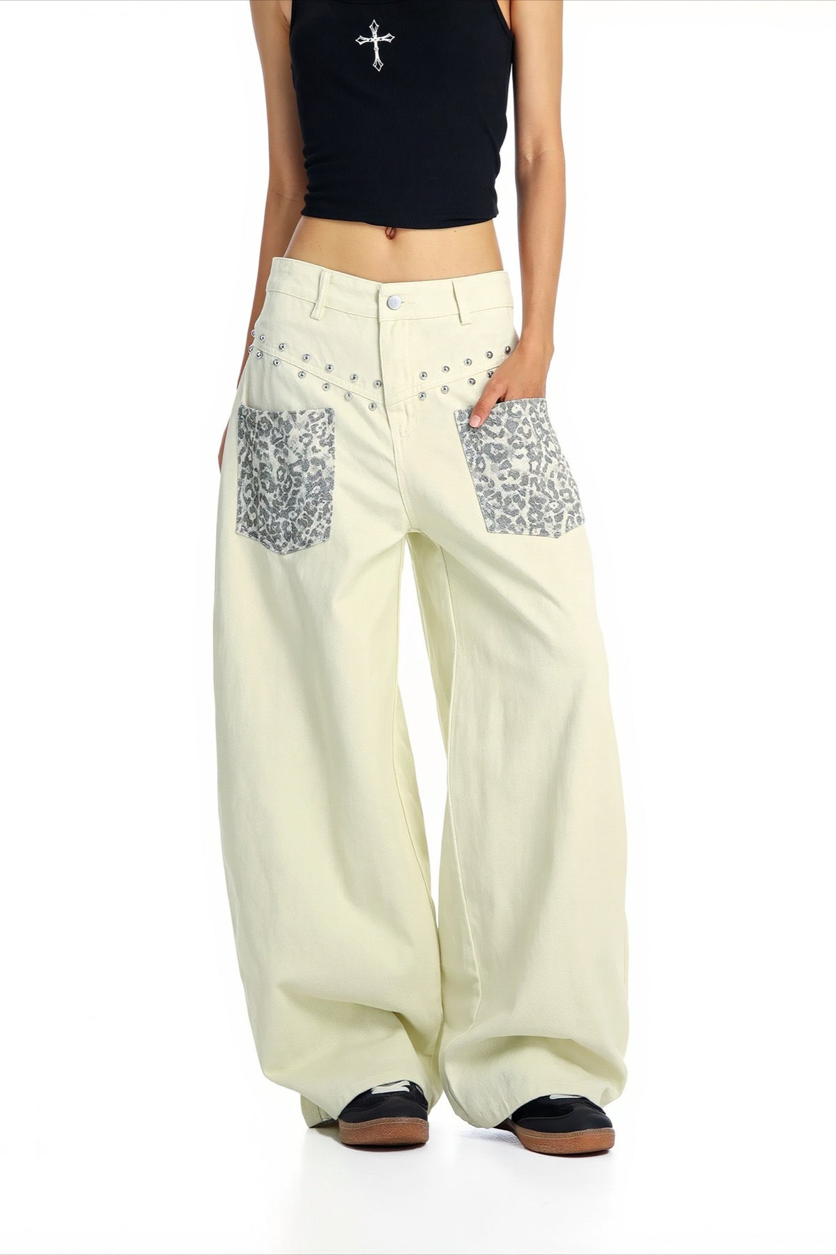 Leopard Panel Studded Barrel Leg Jeans Main image