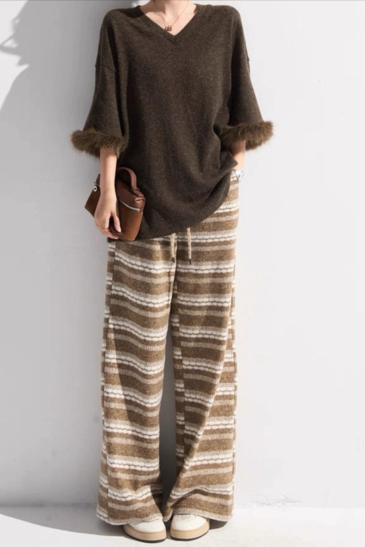 Relaxed Fair Isle Fleece Wide Leg Knit Pants Main image
