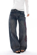 Embroidered Slub Denim Relaxed Straight Jeans