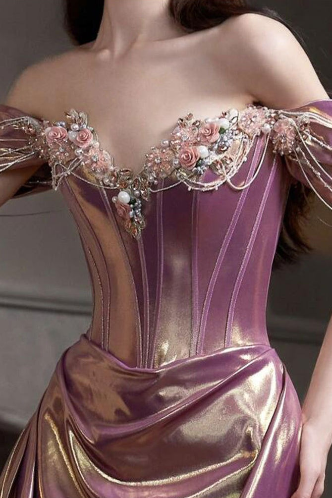 Off Shoulder Ruched Satin Elegant Prom Dress