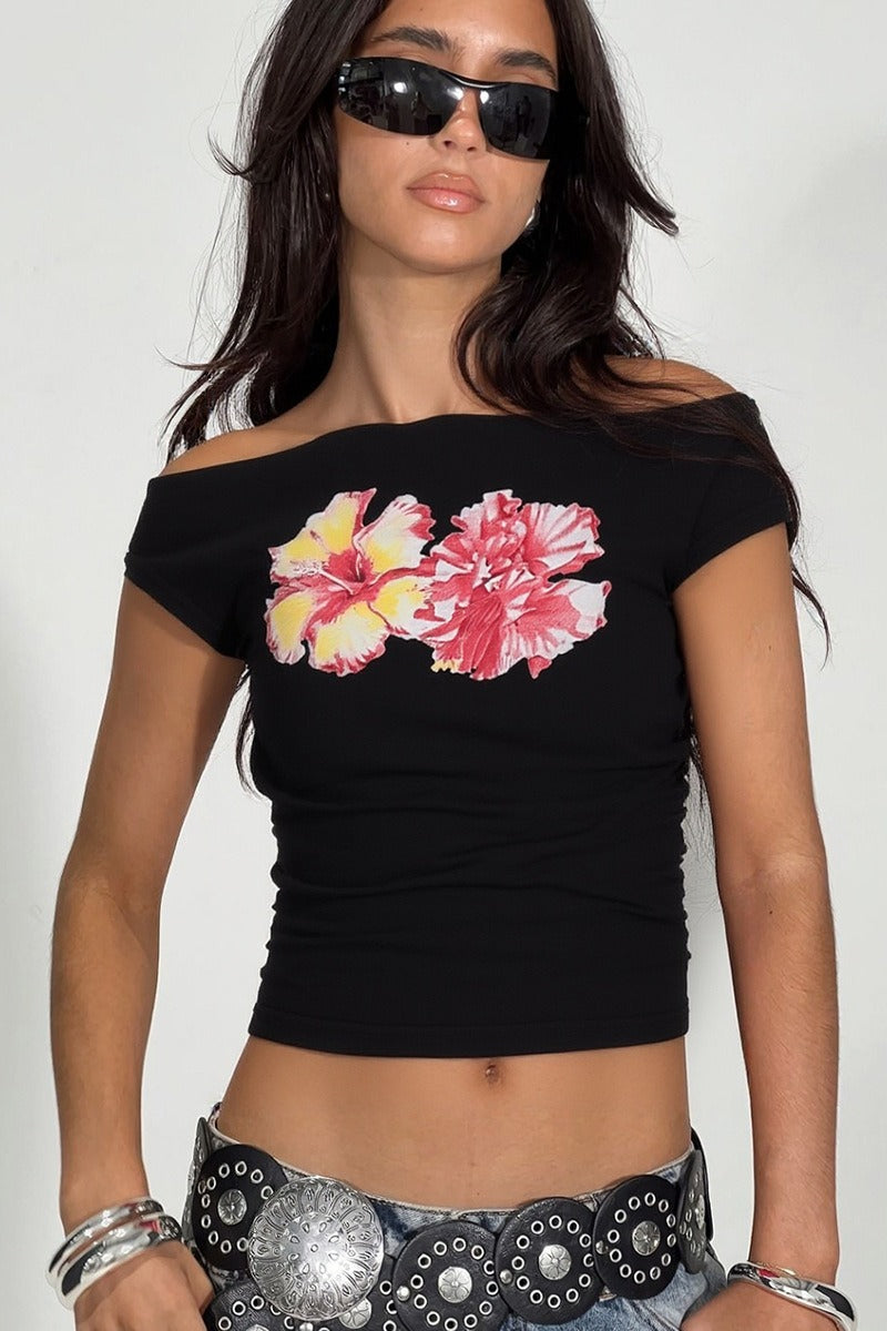 Printed Off-Shoulder Short Sleeve Crop Top