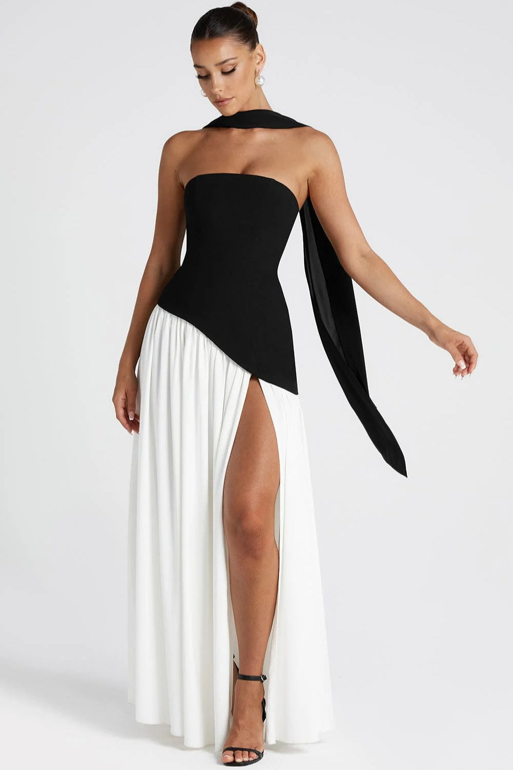 Strapless Contrast Panel High Slit Party Dress