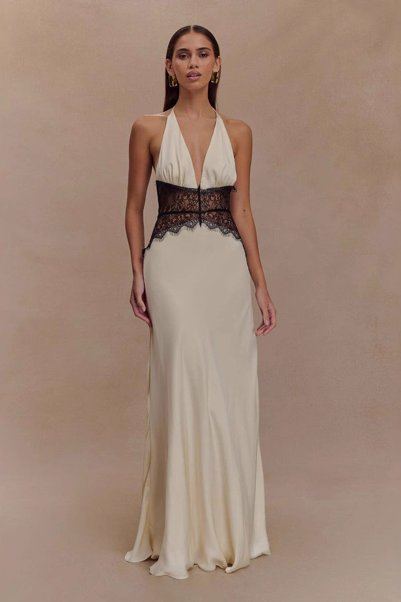 Deep V Halter Satin Slip Prom Dress Main image