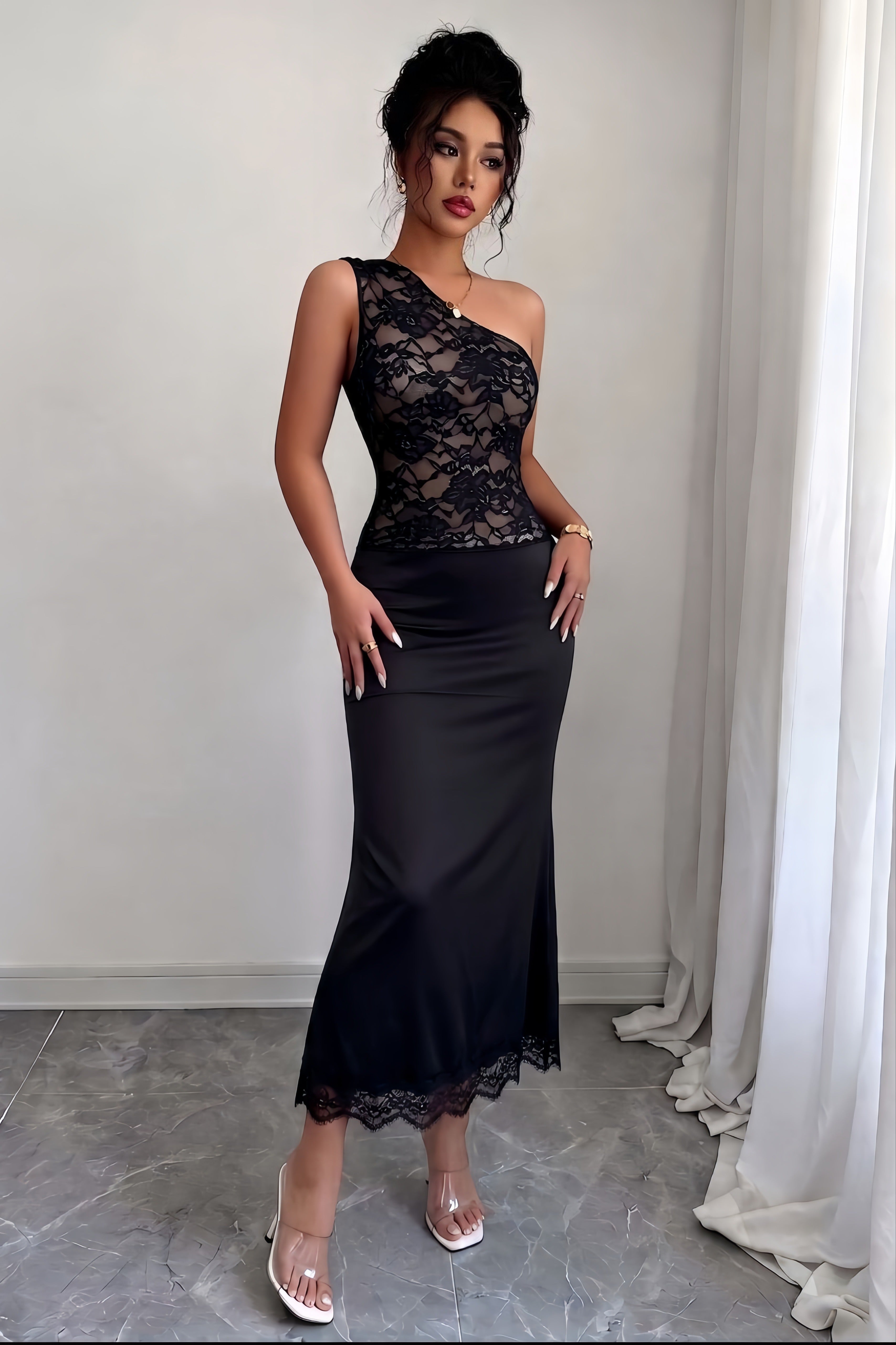 One Shoulder Lace Panel Fitted Maxi Party Dress Secondary image