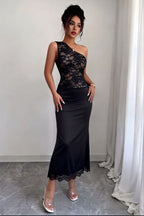 One Shoulder Lace Panel Fitted Maxi Party Dress