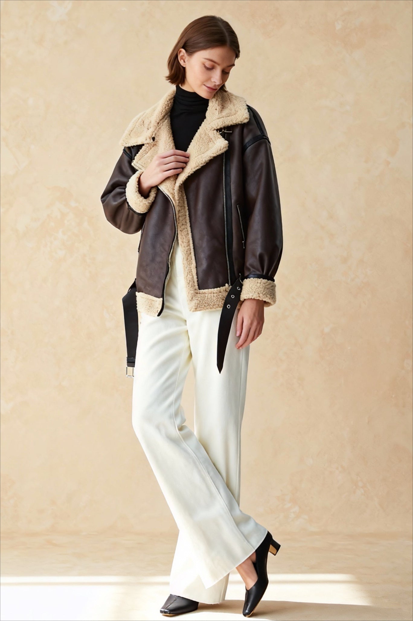 Classic Sherpa Lined Trendy Shearling Leather Flight Jacket Main image