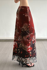 Vintage Art Print Sheer Panel Bodycon Skirt