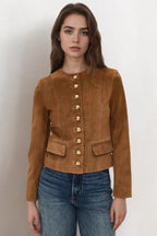 Metallic Button Cropped Suede Jacket