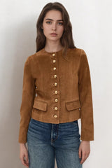 Metallic Button Cropped Suede Jacket