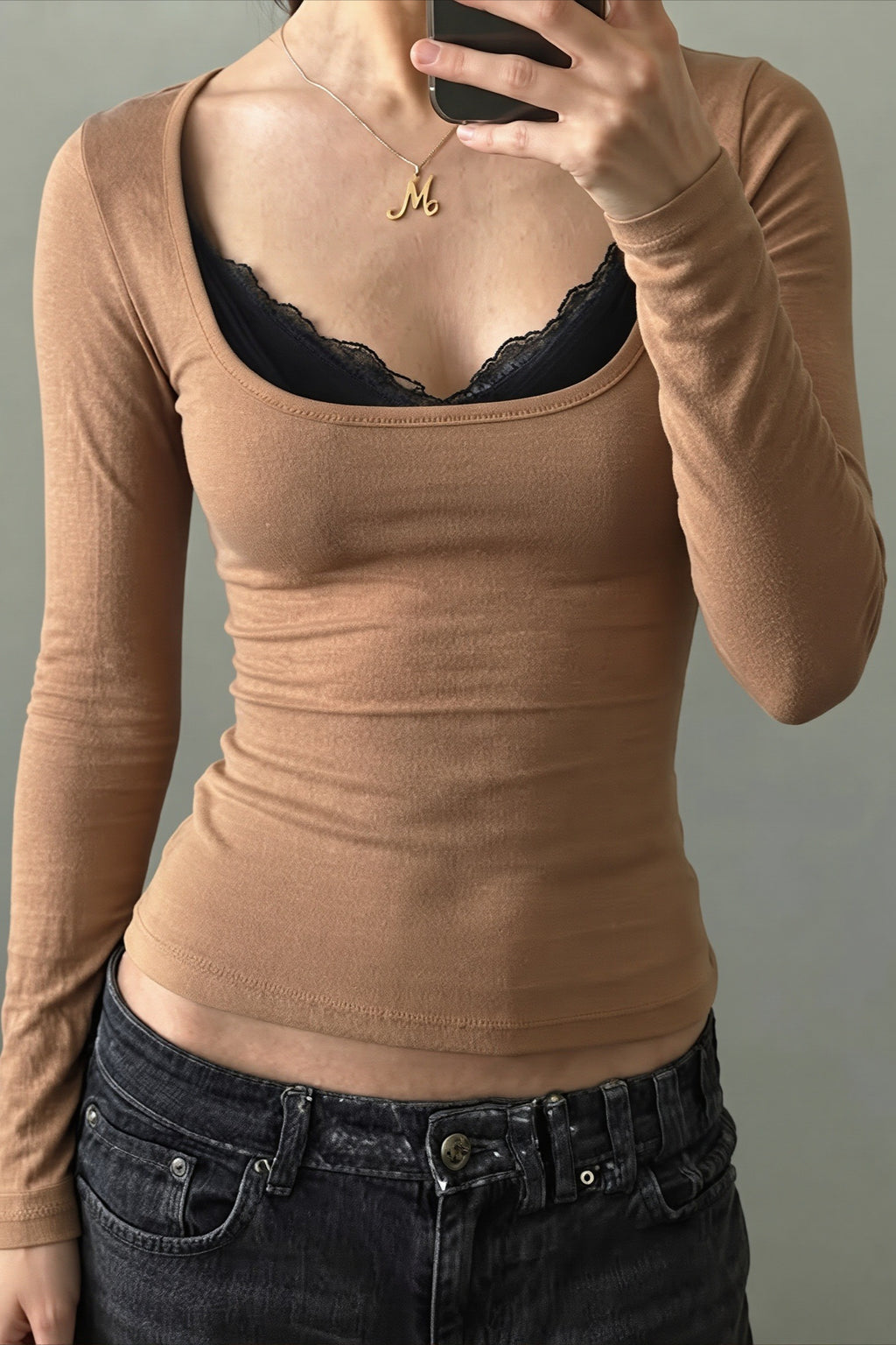 Contrast Lace Square Neck Long Sleeved T-shirts