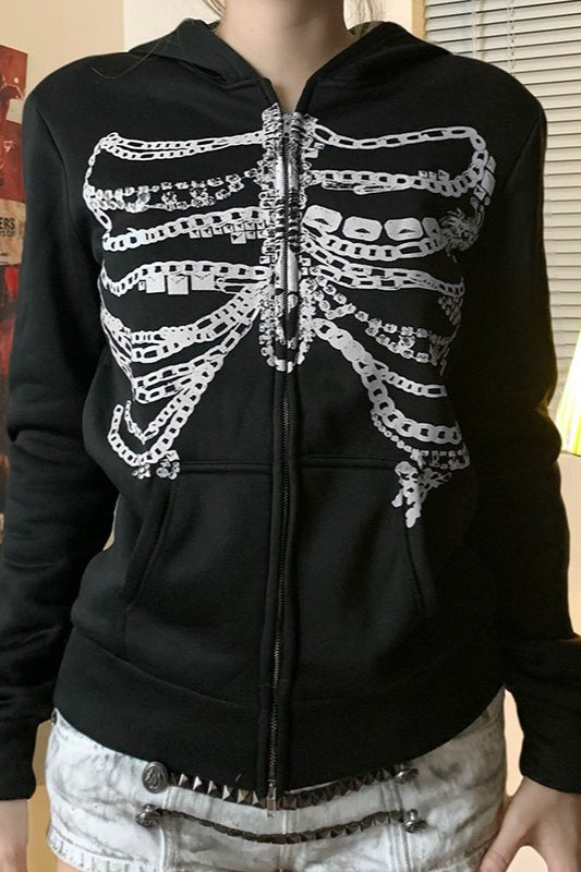 Street Style Skeleton Print Zipper Hoodie Main image