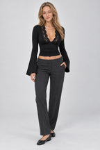 Lace Trim Deep V-Neck Flare Blouse