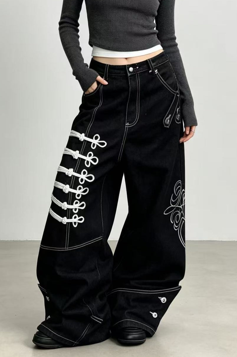 Embroidered Ribbon Black Wide Leg Jeans