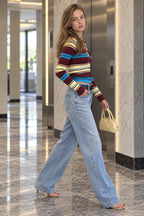 Button Front Stripe Retro Collar Slim Long Sleeve Knit Cardigan