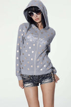 Polka Dot Embroidered Zip Up Hoodie