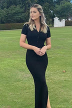 Elegant  Lapel Short Sleeve Split Hem Sweater Dress