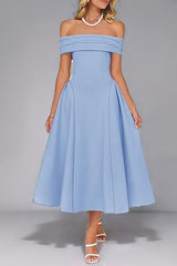 Off-Shoulder Waist-Cinched Solid Party Dress