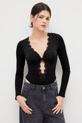Twist Cutout V Neck Lace Trim Slim Bodysuit