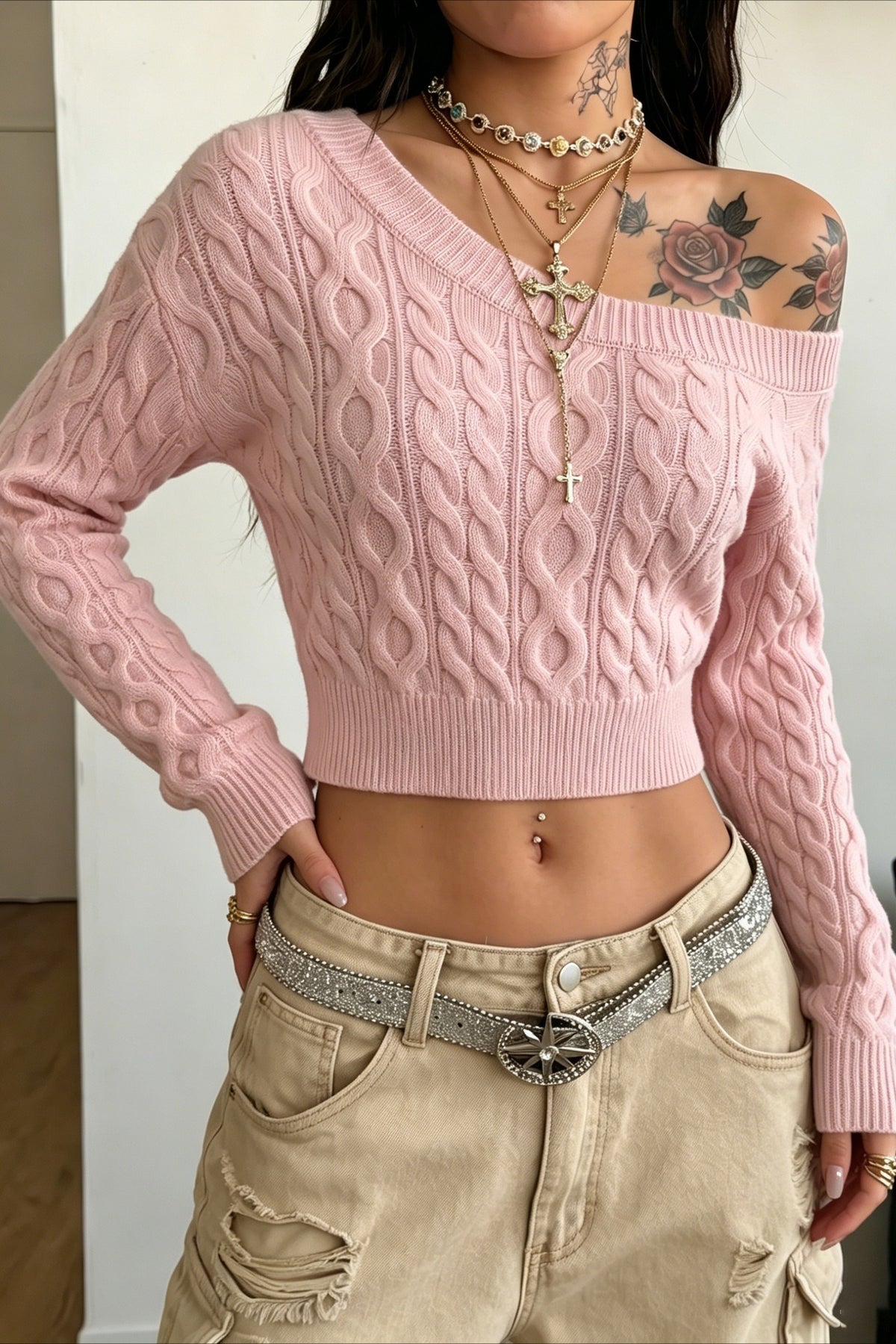Pink One Shoulder Cable Cropped Knit Sweater