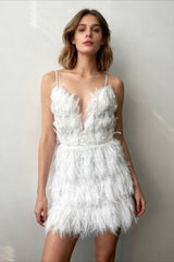 Deep V Feather Trim Slip Mini Graduation Party Dress