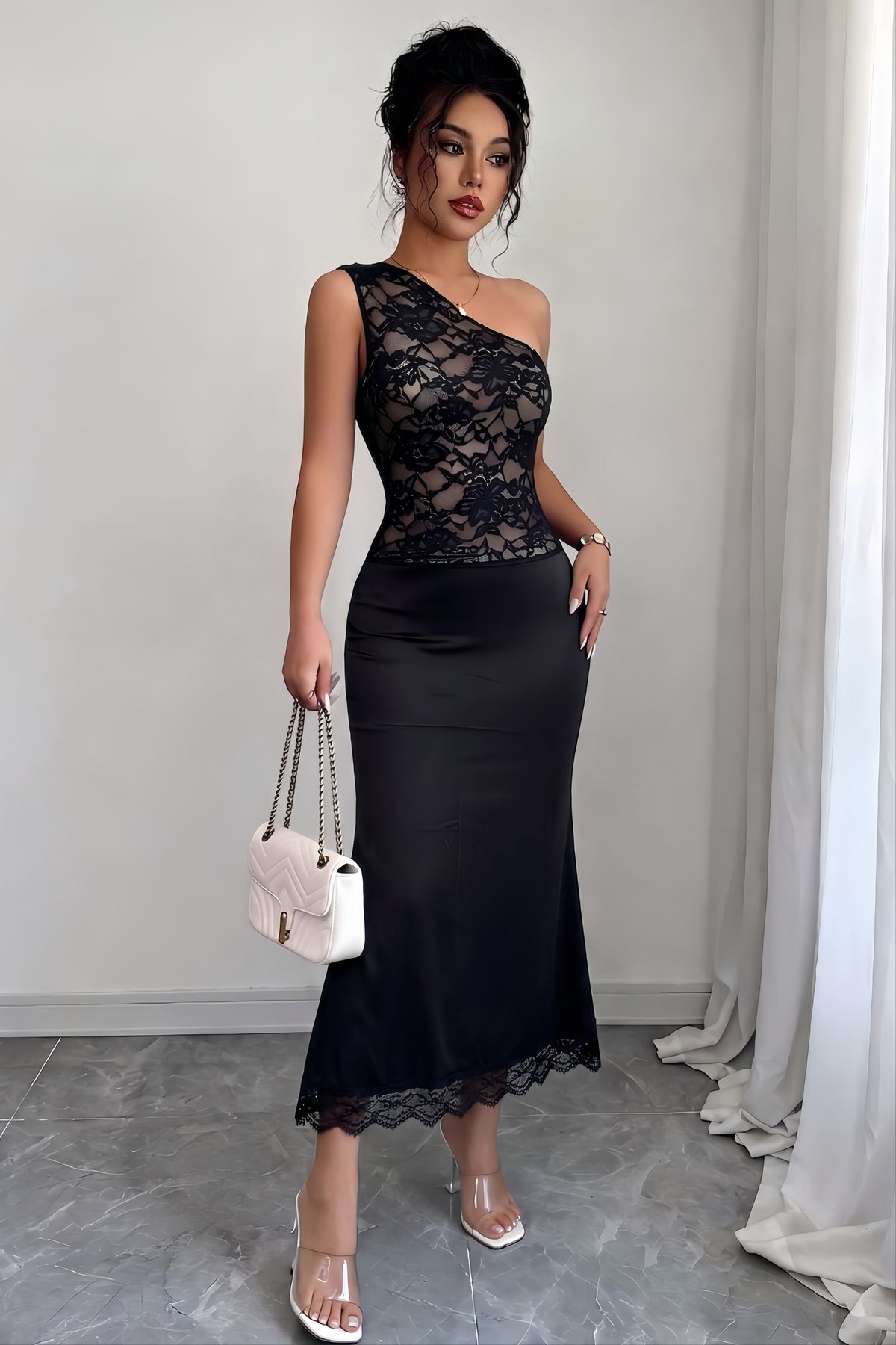 One Shoulder Lace Panel Fitted Maxi Party Dress