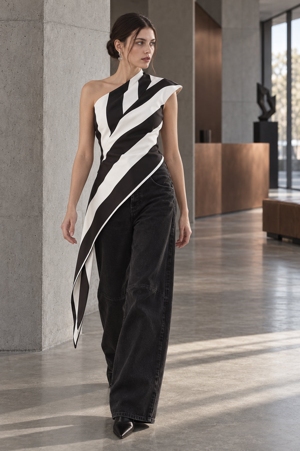 Striped Chiffon One Shoulder Tie Blouse Secondary image