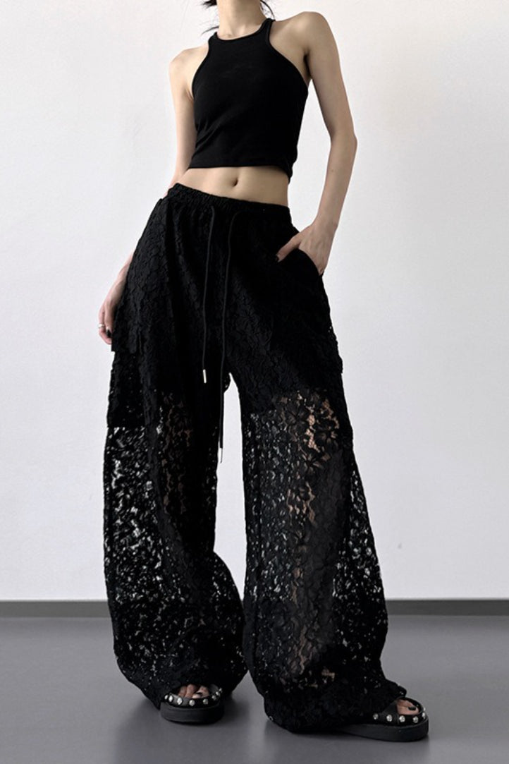 Patchwork Cutout Lace Straight Wide Leg Cargo Pants Main image