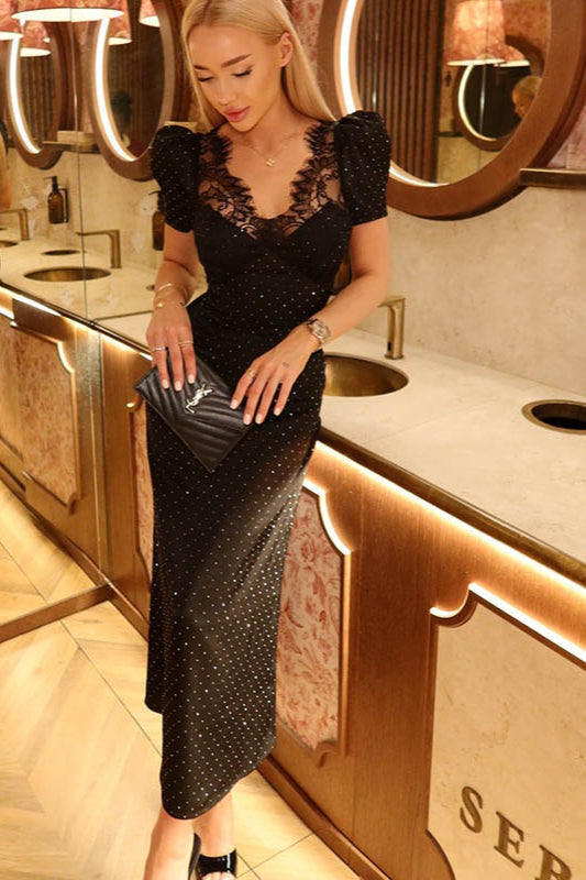 V-Neck Lace Panel Rhinestone Waist Tie Maxi Lace Dress Main image