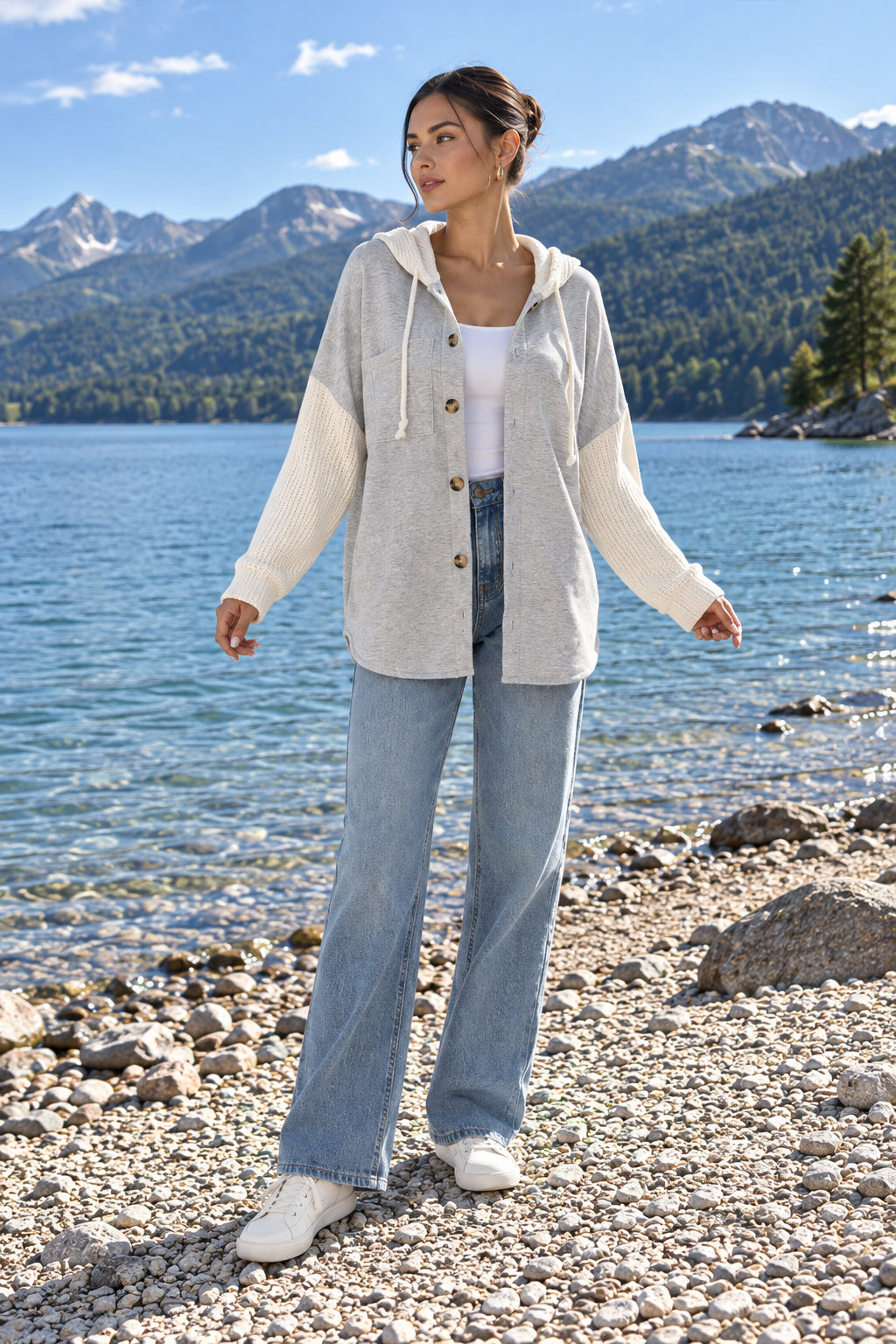 Ribbed Sleeve Patchwork Button Hoodie Secondary image