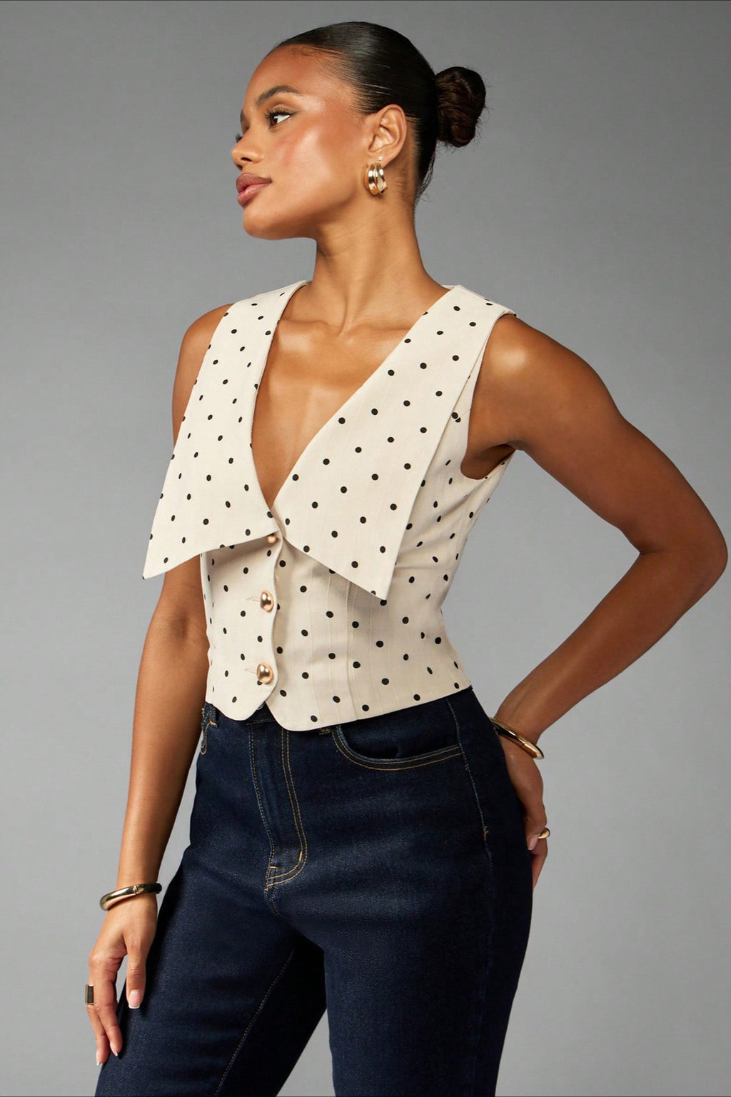 Polka Dot Collared Button Front Vest Crop Top
