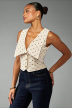 Polka Dot Collared Button Front Vest Crop Top