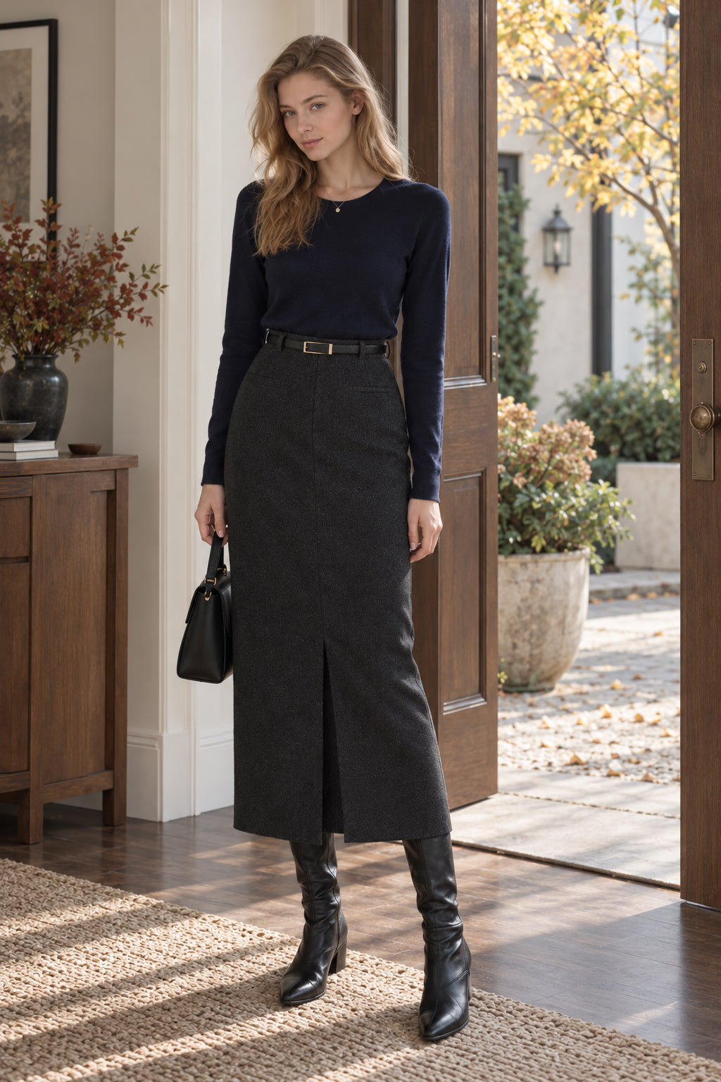 Elegant Striped Faux Wool Belted Casual High Waist A-Line Skirt Secondary image