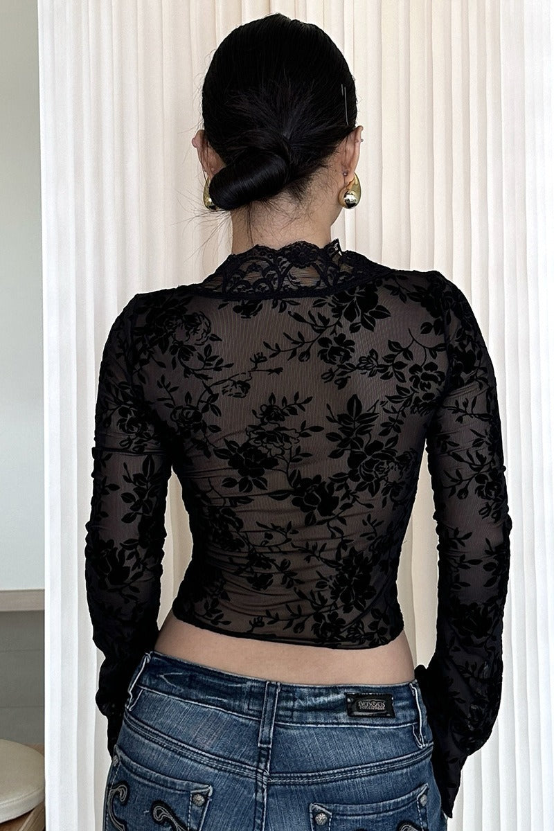 Leopard Lace Trim Sheer Mesh T-shirts