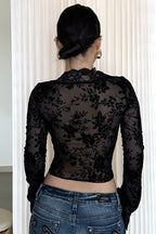 Leopard Lace Trim Sheer Mesh T-shirts