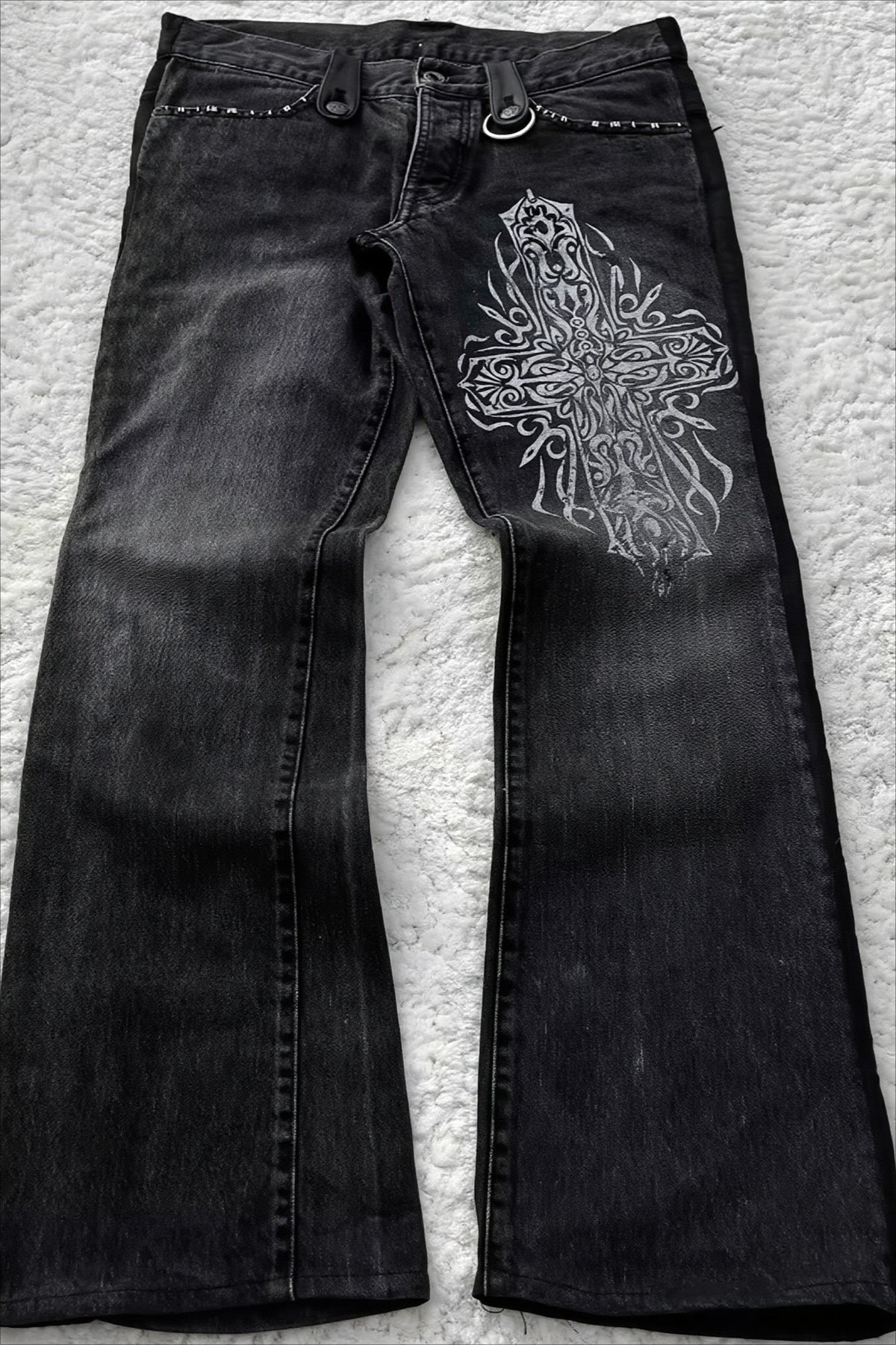 Cross Print Washed Punk Flare Jeans