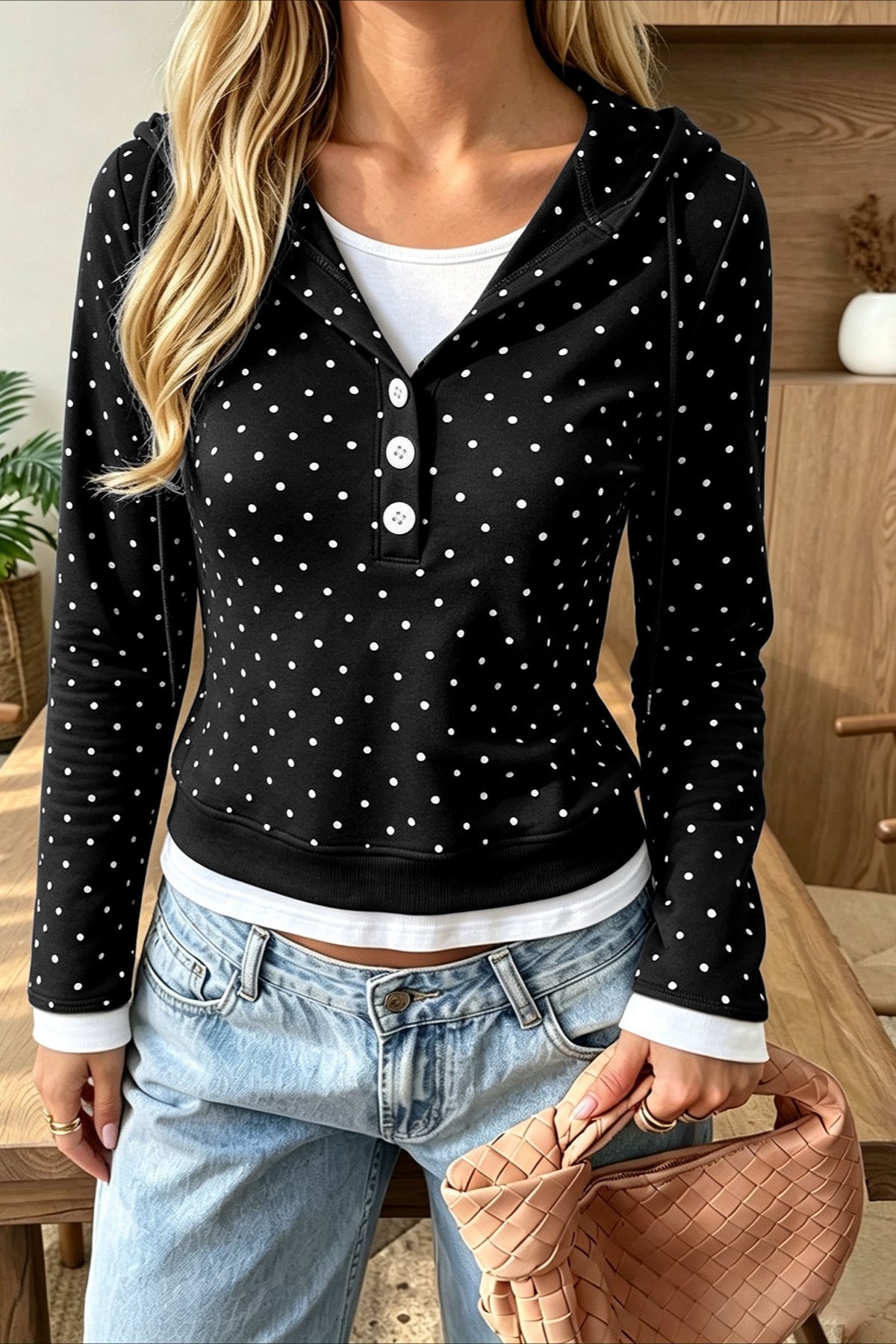 Polka Dot Layered Hem Pullover Hoodie Main image