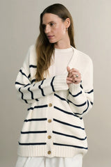 Cotton Stripe V Neck Cardigan