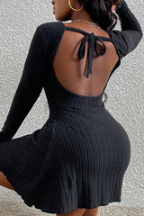 Simple  Backless High Waist Long Sleeve Mini Sweater Dress