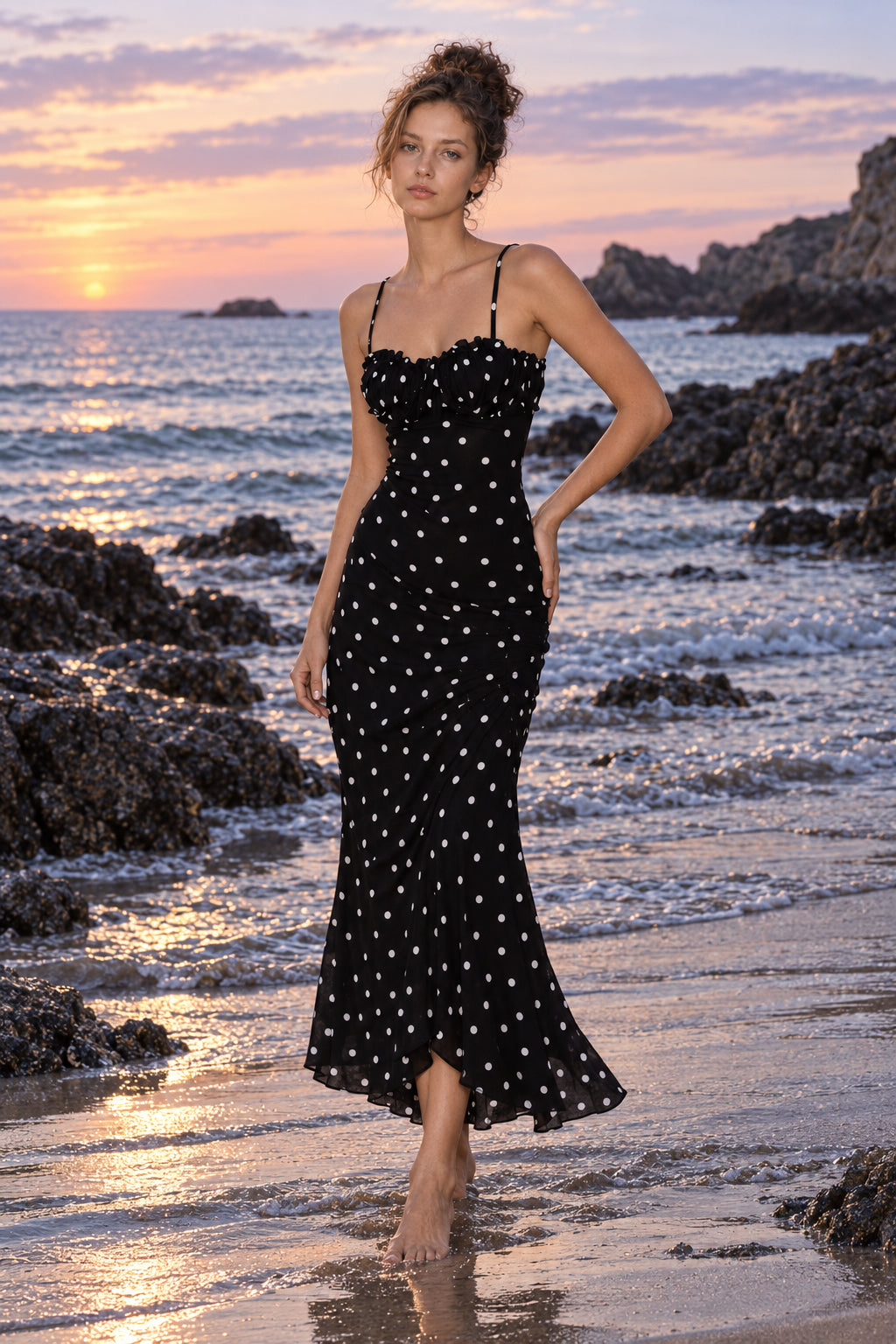 Polka Dot Backless Cami Bodycon Maxi Dress