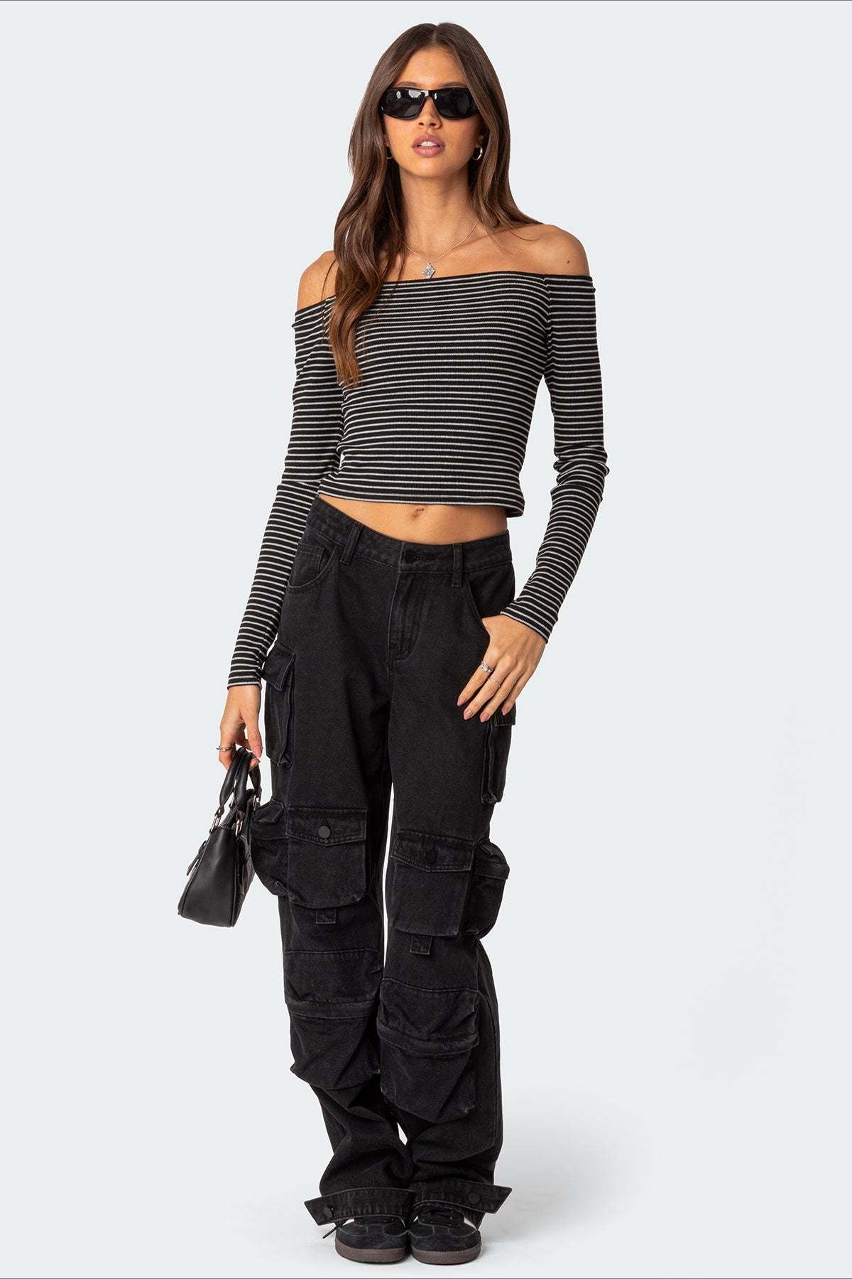 Striped Off Shoulder Bodycon Knit Top Main image