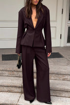 Office Casual Waist Cinched Blazer Pants Two Piece Set