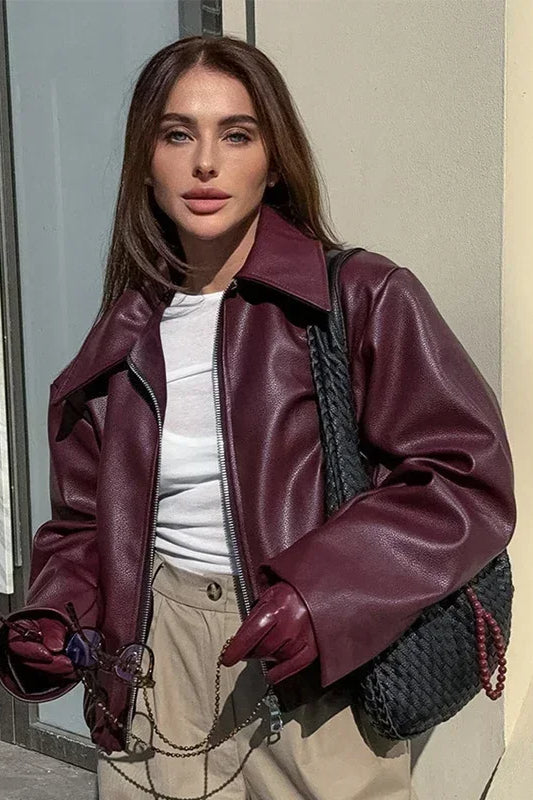 Burgundy Lapel Zip Leather Jacket Main image
