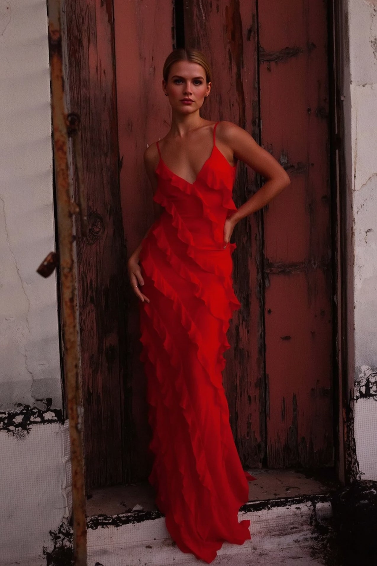 Sexy Backless Slit Fitted Spaghetti Strap Chiffon Ruffled Party Dress Main image