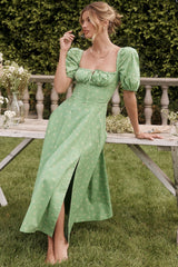 Puff Sleeve Wrap Slit Maxi Floral Dress