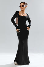Square Neck Long Sleeve Waist Cinched Work Dress