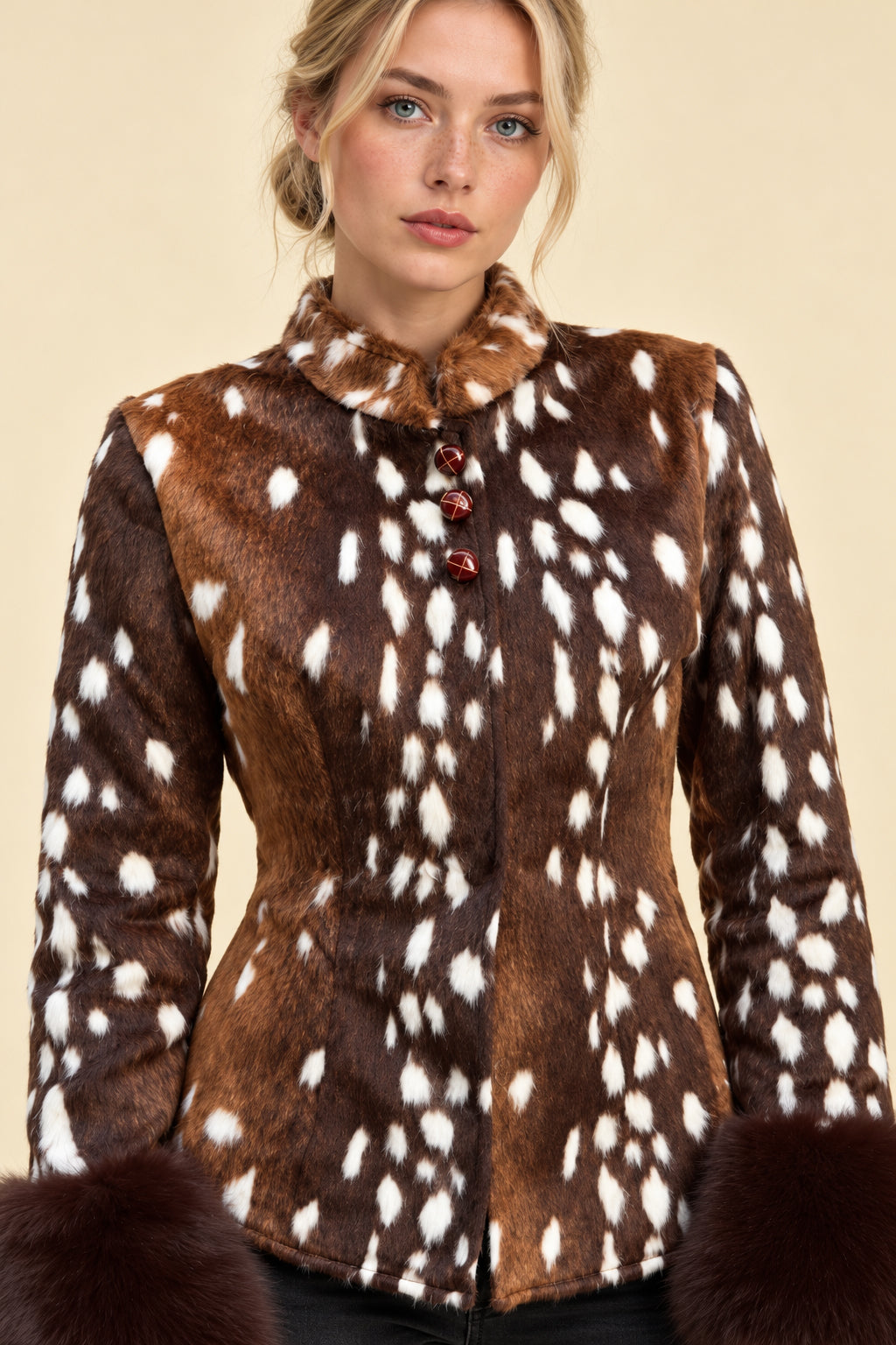 Fur Cuff Animal Print Fitted Coat
