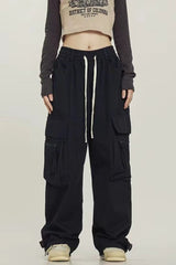 Street Style Loose Wide Leg Red Cargo Pants