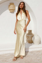 Solid Halter Backless Waist Cinched Dress